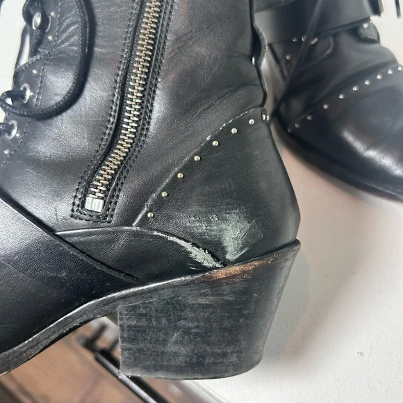 **SOLD**AllSaints Black Leather Lace-Up Ankle Boots Studded Buckle Moto Booties - Picture 7 of 8